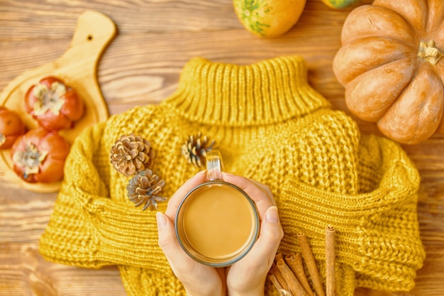 Otoño plano lay calabaza café hojas de otoño y suéter de punto taza de bebida caliente en la mano otoño holid ...