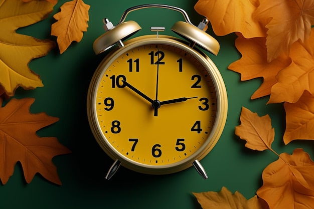 El otoño retrocede una hora en un reloj amarillo en medio de hojas de otoño en un fondo verde vibrante