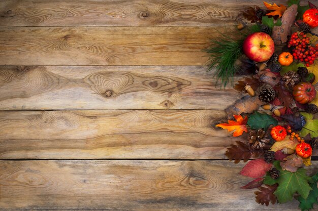 Otoño rústico con calabaza, manzanas y conos.