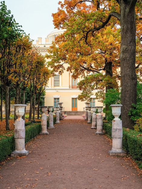 Foto otoño vista vertical del jardín privado de la emperatriz maria feodorovna, cerca del palacio pavlovsk en pavlovsk. rusia.