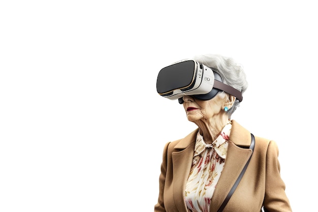 Otra realidad está aquí Vieja empresaria en auriculares VR Simulador de realidad virtual Avance tecnológico en los negocios IA generativa