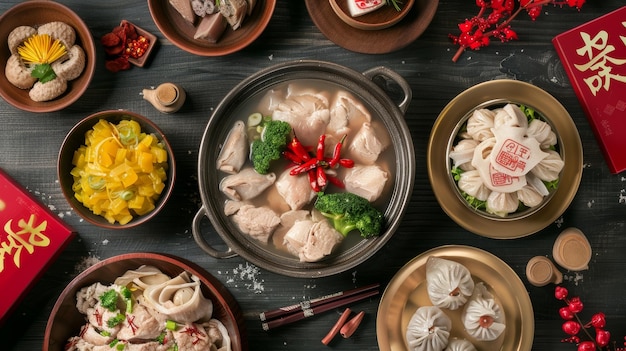 Foto con otros platos lujosos en el ángulo de vista superior una traducción de texto chino traduce la cena de reunión como 