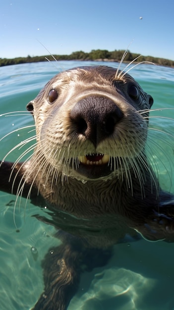 Otter berührt die Kamera und macht ein Selfie, ein lustiges Selfie-Porträt eines Tieres