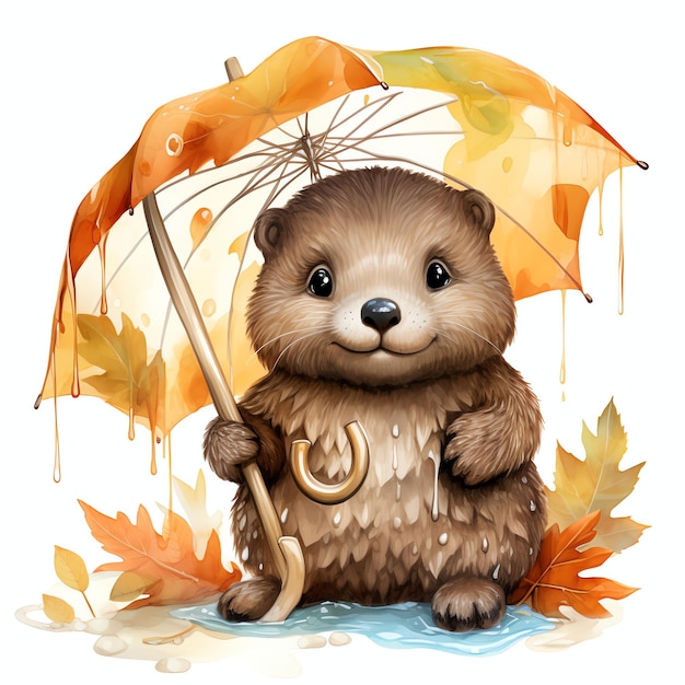 Otter im Herbst unter Regenschirm