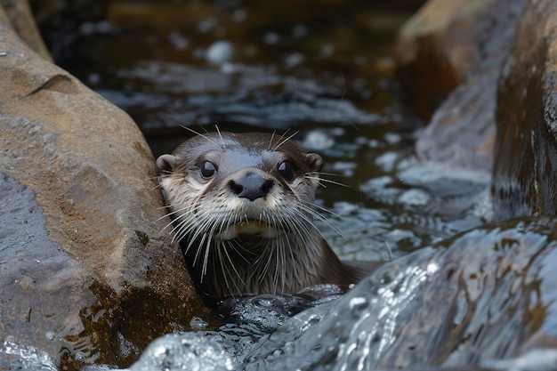 Otter späht hinter einem Felsen