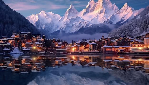 ount mont blanc coberto de neve refletindo na água à noite em chamonix frança