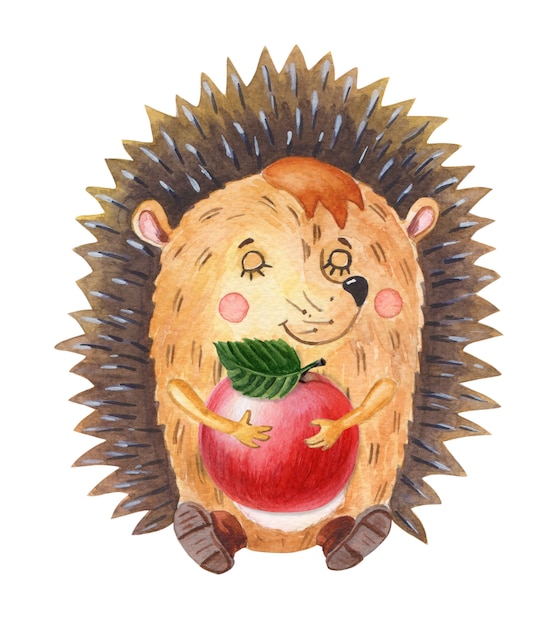 Ouriço-cacheiro em aquarela com maçã vermelha Um animal da floresta de desenho animado em um fundo branco Outono