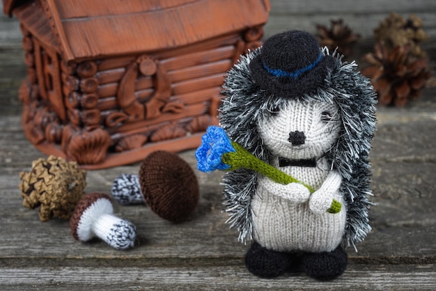Ouriço de malha em um chapéu com flor azul sobre fundo de madeira