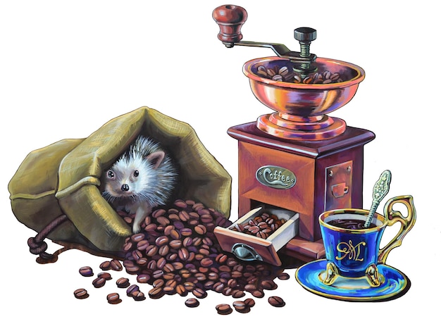 Ouriço e café de ilustração colorida