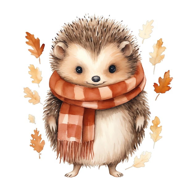 Ouriço fofo de aquarela fofo com cachecol na ilustração de outono outono
