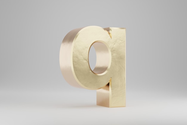 Ouro 3d letra q em minúsculas. letra dourada isolada no fundo branco. alfabeto dourado com imperfeições. personagem de fonte renderizada 3d.