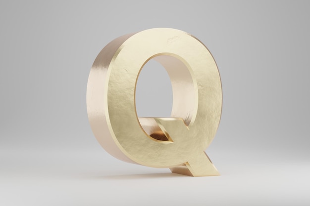 Ouro 3d letra Q maiúscula. Letra dourada isolada no fundo branco. Alfabeto dourado com imperfeições. Personagem de fonte renderizada 3D.