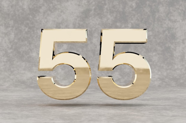 Ouro 3d número 55. Número dourado brilhante em fundo de concreto. Dígito metálico com reflexos de luz de estúdio. Renderização 3D.