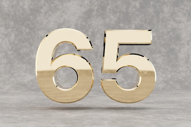 Ouro 3d número 65. Número dourado brilhante em fundo de concreto. Dígito metálico com reflexos de luz de estúdio. Renderização 3D.