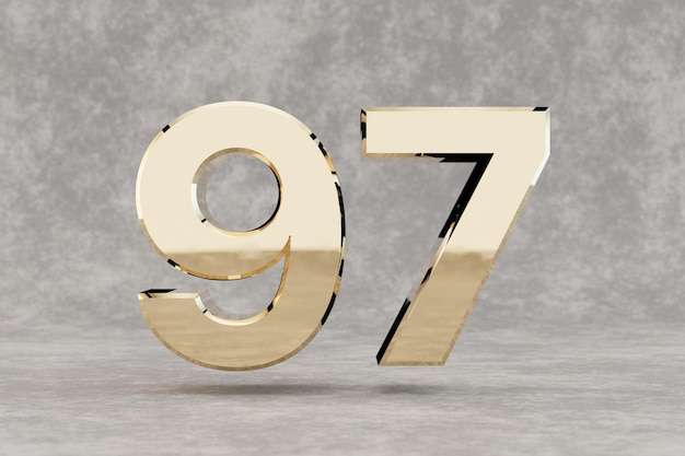 Ouro 3d número 97. Número dourado brilhante em fundo de concreto. Dígito metálico com reflexos de luz de estúdio. Renderização 3D.