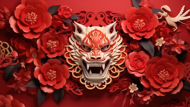 Ouro de dragão com corte de papel de tigre de artesanato estilo vermelho fotorrealista em fundo vermelho