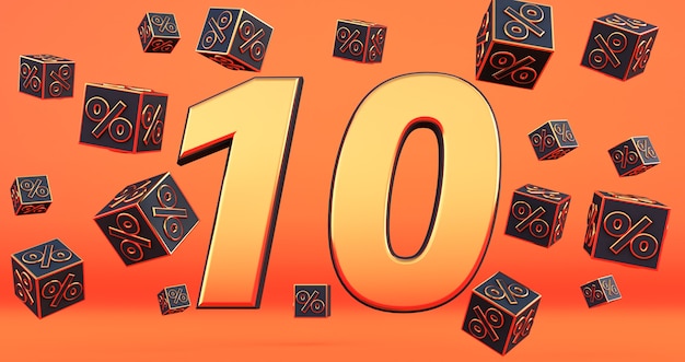 Foto ouro dez número de 10 por cento com porcentagens de cubos pretos voam sobre um fundo laranja. renderização 3d