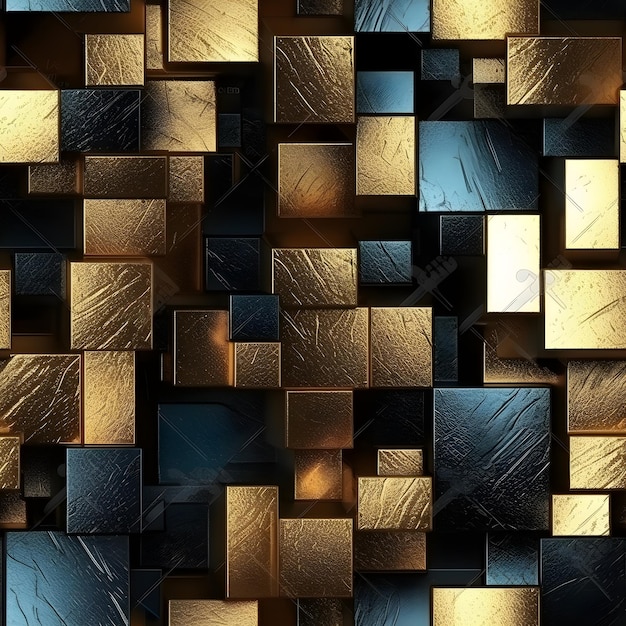 Ouro e quadrados azuis em um fundo preto
