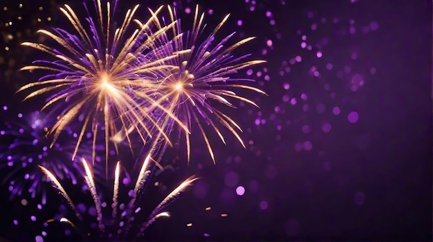 Ouro e violeta escuro fogos de artifício e bokeh na véspera de Ano Novo e copiar espaço feriado de fundo abstrato