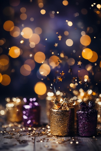 Ouro e violeta escuro fogos de artifício e bokeh na véspera de Ano Novo e copiar o espaço AI generativo