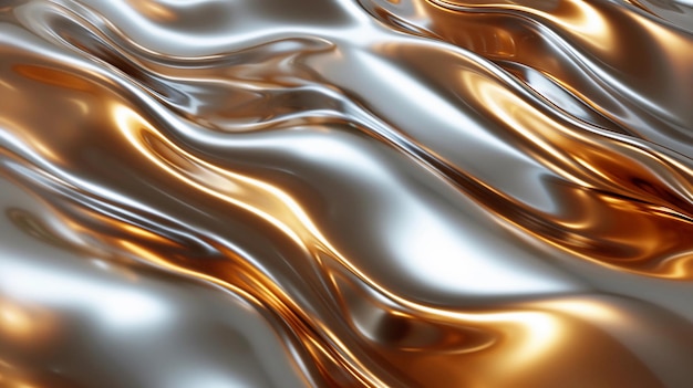 Ouro líquido ou prata com ondas lisas Textura metálica brilhante Fundo abstrato Ai Gerado