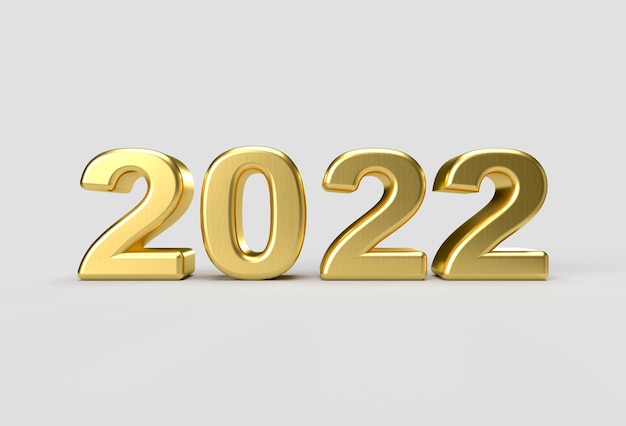 Ouro metálico 2021 2022 ano novo ilustração 3D render isolada em fundo cinza claro