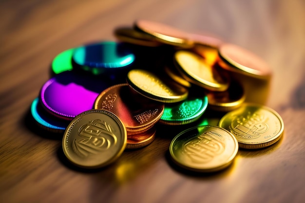 Foto ouro no final do arco-íris pila de moedas coloridas sorte do duende abstrato irlandês