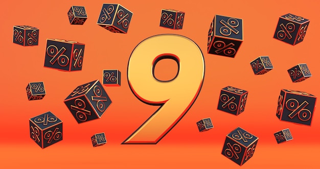 Foto ouro nove número de 9 por cento com porcentagens de cubos pretos voam sobre um fundo laranja. renderização 3d
