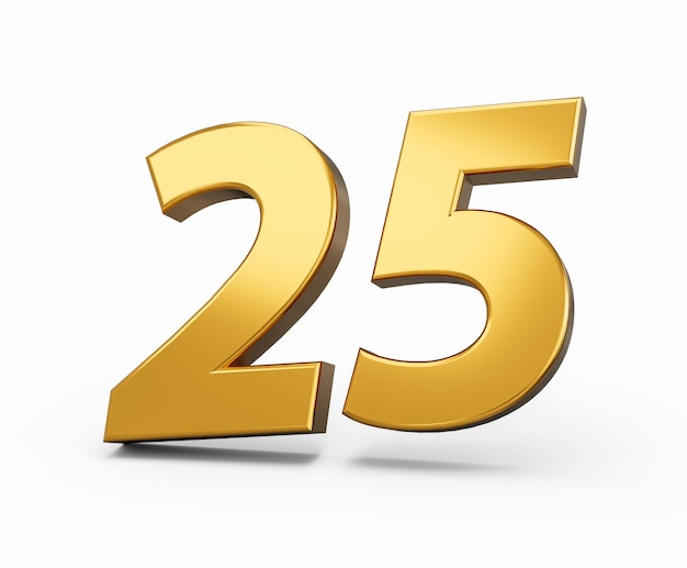 Ouro número 25 Vinte e cinco isolados de fundo branco brilhante 3d número 25 feito de ouro ilustração 3d