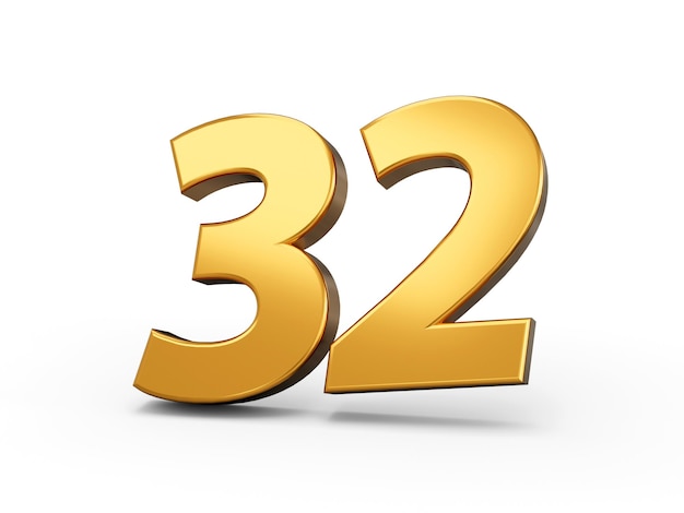 Ouro número 32 Trinta e dois isolados de fundo branco brilhante 3d número 32 feito de ouro ilustração 3d