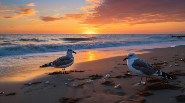 ouro rosa lindo pôr do sol no mar água onda céu nublado nuvens dramáticas gaivota voar