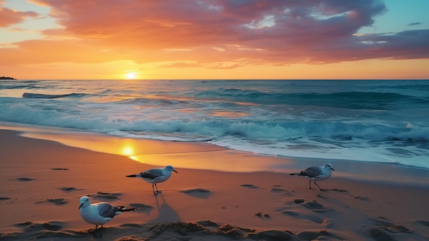 ouro rosa lindo pôr do sol no mar água onda céu nublado nuvens dramáticas gaivota voar