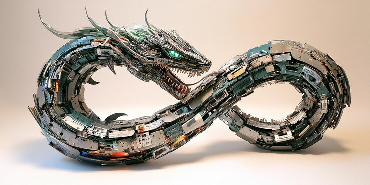 Foto ouroboros, la serpiente mítica entre los desechos electrónicos