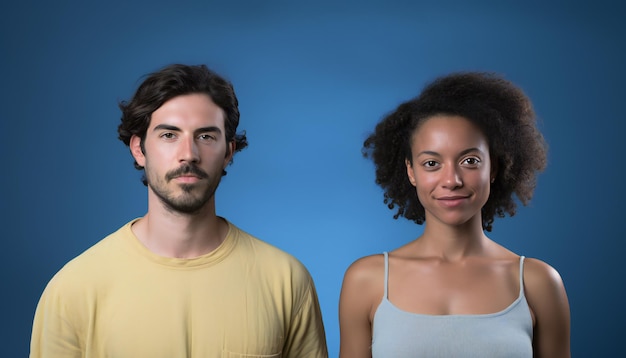 Foto ousado tiros na cabeça retrato de homem e mulher em fundo azul