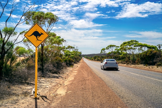 Outback do país com sinal de estrada amarelo canguru