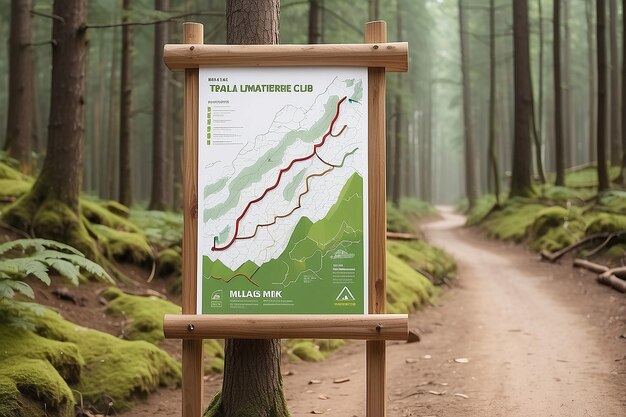 Outdoor Adventure Club Hiking Trail Map Signage Mockup mit leerem weißen leeren Raum für die Platzierung Ihres Designs