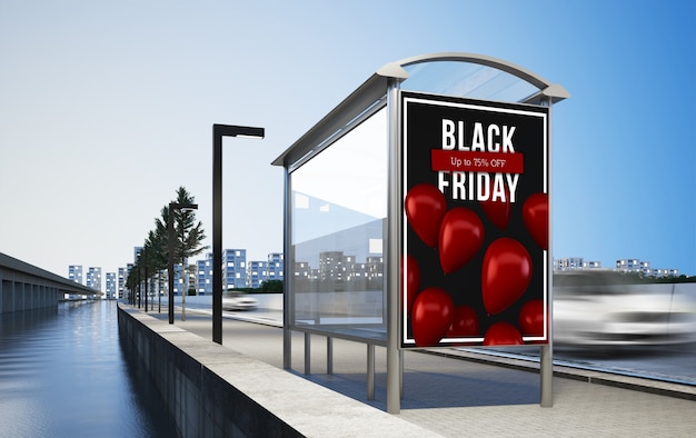 Outdoor anunciando black friday na parada de ônibus maquete de renderização em 3d