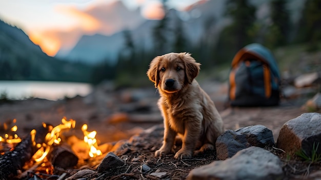 Outdoor-Begleiter junger Tourist und entzückender Labrador Retriever genießt einen CampingausflugGenerative KI