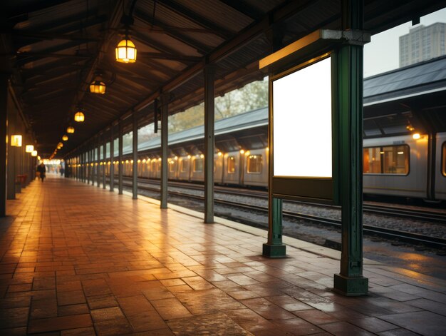 Outdoor billboard em uma plataforma de trem vintage no crepúsculo Comuting e conceito de publicidade Generative AI