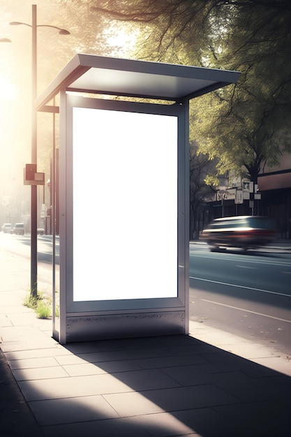 Outdoor branco vertical em branco no ponto de ônibus na rua da cidade mock up poster na rua ao lado da estrada