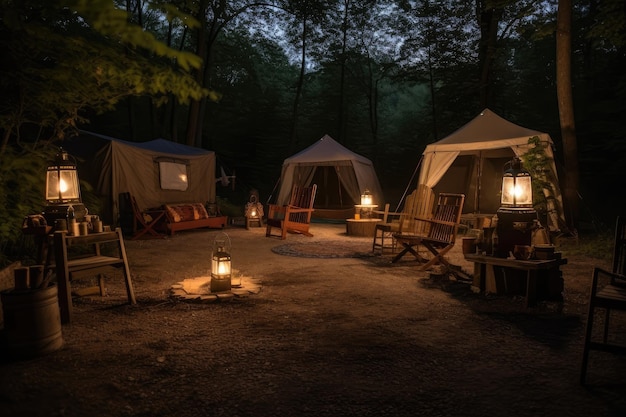 Outdoor-Campingplatz mit Laternen und Stühlen für bequeme Sitzgelegenheiten, geschaffen mit generativer KI