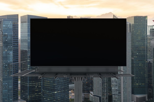 Outdoor de estrada preta em branco com fundo de paisagem urbana de Singapura ao pôr do sol Cartaz de publicidade de rua simula renderização em 3D Vista frontal O conceito de comunicação de marketing para vender ideia