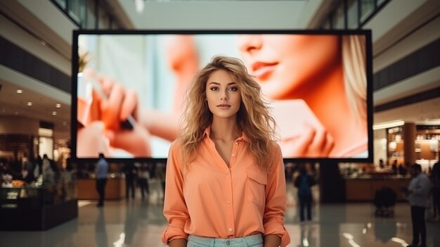 Outdoor de maquete dentro do shopping Jovem em frente ao anúncio