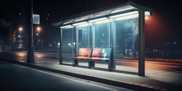 Outdoor de propaganda simula espaço de exibição no ponto de ônibus na noite da rua da cidade