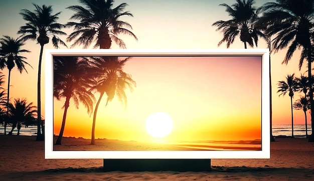 Outdoor de publicidade em branco com a paisagem de praia tropical durante o pôr do sol Generative AI