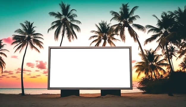 Outdoor de publicidade em branco na paisagem de praia tropical durante o pôr do sol Generative AI