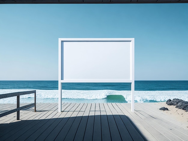 Outdoor em branco na praia de areia tropical com mar azul e céu nublado para cartaz de publicidade ao ar livre f