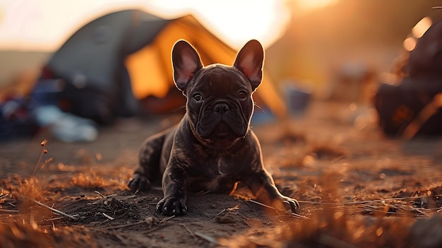 Outdoor-Escapade-Camping mit einem spielerischen Hunde-Begleiter Generative KI