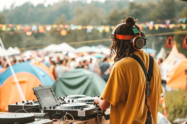 Outdoor Music Festival DJ em toca-discos tendas coloridas ondas sonoras pulsando ao ar livre Attende