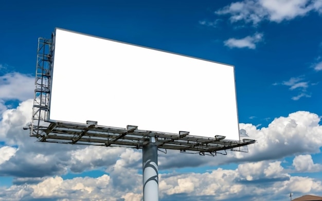 Outdoor pole billboard com maquete de tela branca em fundo de céu azul com